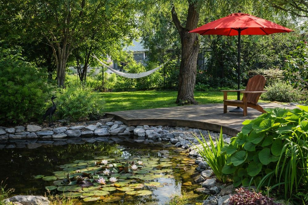 Ribnjak sa vodenim biljkama, kamenim obodom i uređenim dvorištem u pozadini